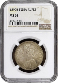 NGC MS 62 Graded Silver One Rupee Coin of Victoria Empress of Bombay Mint of 1890.