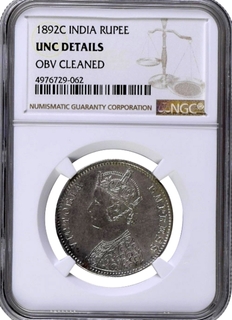 NGC Graded Silver One Rupee Coin of Victoria Empress of Calcutta Mint of 1892.