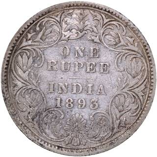 Rare Type Silver One Rupee Coin of Victoria Empress of Bombay Mint of 1893, 2 seen behind last numeral 3.