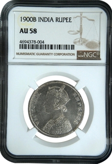 NGC AU 58 Graded Silver One Rupee Coin of Victoria Empress of Bombay Mint of 1900.