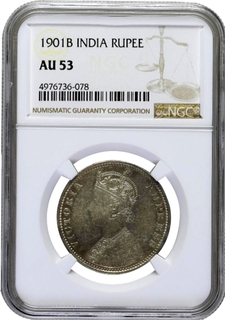 NGC AU 53 Graded Silver One Rupee Coin of Victoria Empress of Bombay Mint of 1901.