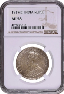 NGC AU 58 Graded Silver One Rupee Coin of King George V of Bombay Mint of 1917.