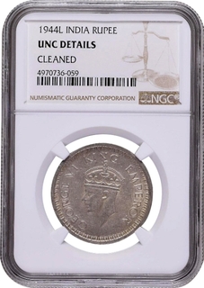 NGC Graded Silver One Rupee Coin of King George VI of Lahore Mint of 1944.