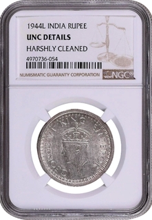 NGC Graded Silver One Rupee Coin of King George VI of Lahore Mint of 1944.