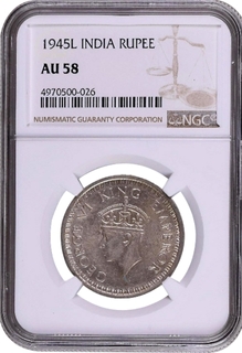 NGC AU 58 Graded Silver One Rupee Coin of King George VI of Lahore Mint of 1945.