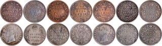 Set of Fourteen Silver, Copper, and Bronze Coins of Different denominations of British India.