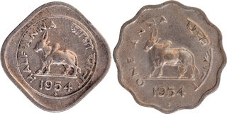 Copper Nickel Half Anna and One Anna Coins of Republic India Bull Series of 1954.