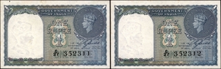 Consecutive Pair of Black Serial Numbered One Rupee Bank Notes of King George VI Signed by C E Jones of 1944.