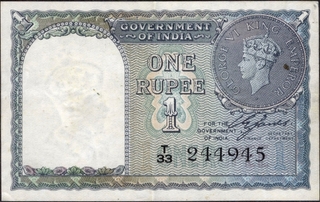 Crisp Paper Quality One Rupee Banknote of King George VI Signed by C E Jones of 1944.