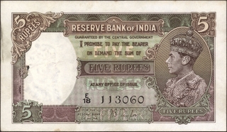 Five Rupees Bank Note of King George VI Signed by J B Taylor of 1938.