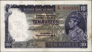 Ten Rupees Banknote of King George VI Signed by J B Taylor of 1938 In Extremely fine Condition.