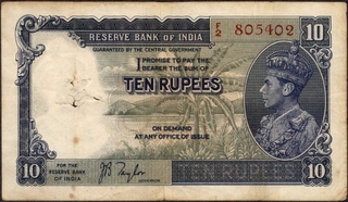 Ten Rupees Bank Note of King George VI Signed by J B Taylor of 1938.