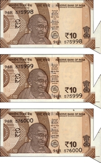 UNC 3 Error Ten Rupees Banknotes Signed by Urjit R Patel of Republic India of 2018.