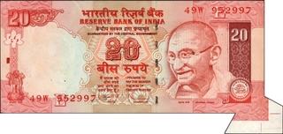 Extra Paper Error Twenty Rupees Banknote Signed by D Subbarao of Republic India of 2011.