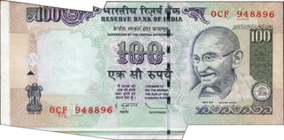 Extra Paper and Cutting Error One Hundred Rupees Banknote Signed by D Subbarao of Republic India of 2011.