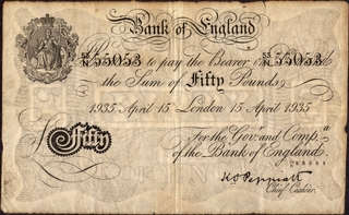 Uniface Fifty Pounds Banknote Signed by K O  Peppiatt of Great Britain of 1935.