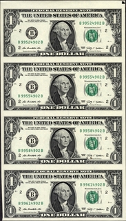 One Dollar Four Banknotes Uncut Sheet of United States of America of 2009.