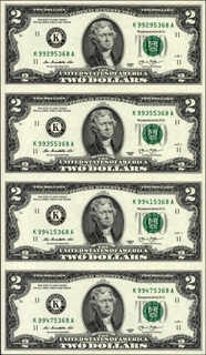 Two Dollars Four Banknotes Uncut Sheet of United States of America of 2013.