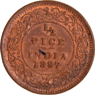 Uncirculated Copper Half Pice Coin of Victoria Empress of Calcutta Mint of 1897 with Clear Ghost Impression.