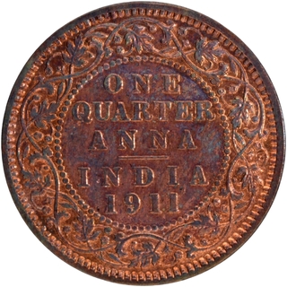 Rare Date Bronze One Quarter Anna Coin of King George V of Calcutta Mint of 1911.