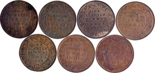 Bronze One Quarter Anna Coins of King George V and VI of Calcutta Mint of Different Years.