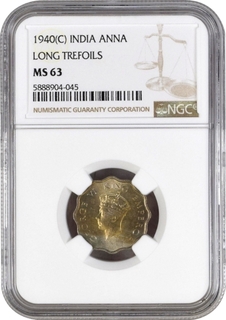 NGC MS 63 Graded Cupro Nickel One Anna Coin of King George VI of Calcutta Mint of 1940.