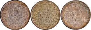 Uncirculated Silver Two Annas Coins of King George V of Calcutta and Bombay Mint of 1912, 1913 and 1917.