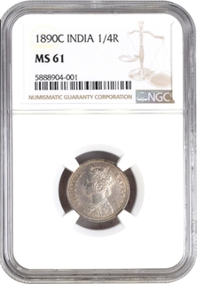 NGC MS 61 Graded Silver Quarter Rupee Coin of Victoria Empress of Calcutta Mint of 1890.