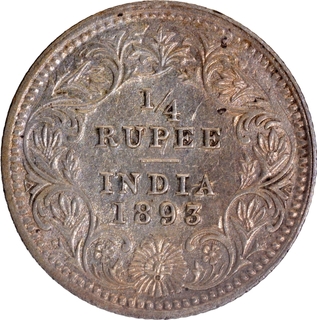 C Incused Silver Quarter Rupee Coin of Victoria Empress of Calcutta Mint of 1893 with Toning.