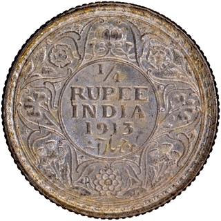 Gem Uncirculated Silver Quarter Rupee Coin of King George V of Calcutta Mint of 1913.