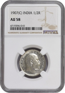  NGC AU 58 Graded Silver Half Rupee Coin of King Edward VII of Calcutta Mint of 1907.