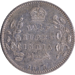 King Edward VII Silver Half Rupee Coin of the year 1910 of Bombay Mint.