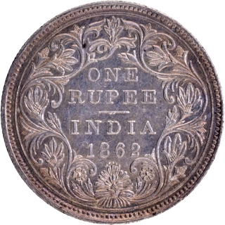 1867 (Actual Minting Year) Silver One Rupee Coin of Victoria Queen of Bombay Mint of 1862 without initial J.