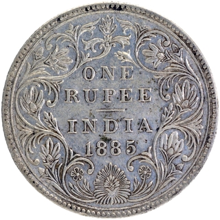 B Raised Silver One Rupee Coin of Victoria Empress of Bombay Mint of 1885.