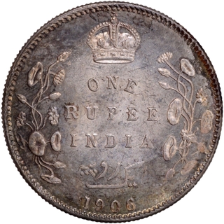 Silver One Rupee Coin of King Edward VII of Calcutta Mint of 1906 with Toning and Ghost Impression.