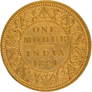 Extremely Rare Gold One Mohur Coin of Victoria Empress of Calcutta Mint of 1891.