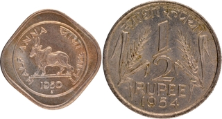 Copper Nickel Half Anna and Half Rupee Coins of Bombay & Calcutta Mint of Republic India.