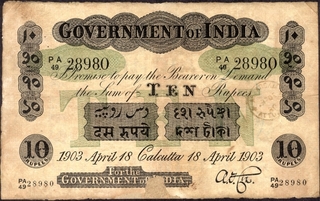  Uniface Ten Rupees Banknote of King Edward VII Signed by A F Cox of 1903 of Calcutta Circle.