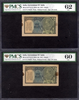 One Rupee Banknotes of King George V Signed by J W Kelly of 1935 Graded by PMCS as 62 & 60 UNC.