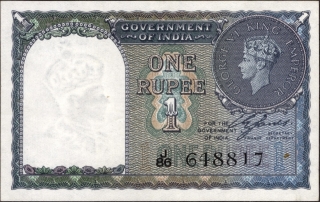 One Rupee Banknote of King George VI Signed by C E Jones of the year 1944.