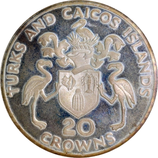 Silver Twenty Crowns Coin of Queen Elizabeth II of Turks and Caicos Islands of 1974.