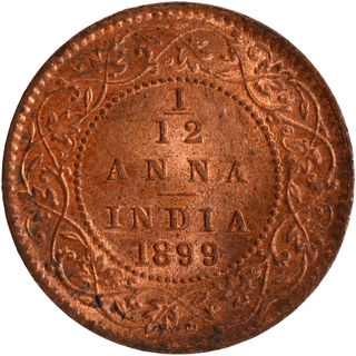 Copper One Twelfth Anna Coin of Victoria Empress of Calcutta Mint of 1899 with Toning.