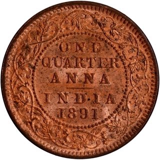 Gem Uncirculated Copper One Quarter Anna Coin of Victoria Empress of Calcutta Mint of 1891.