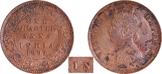 Copper One Quarter Anna Coin of Victoria Empress of Calcutta Mint of 1897 with Toning.