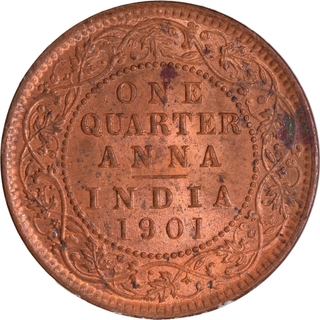 Gem Uncirculated Copper One Quarter Anna Coin of Victoria Empress of Calcutta Mint of 1901 with Toning.