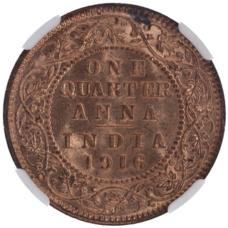 Very Rare NGC MS 64 RD Graded Bronze One Quarter Anna Coin of King George V of Calcutta Mint of 1916.