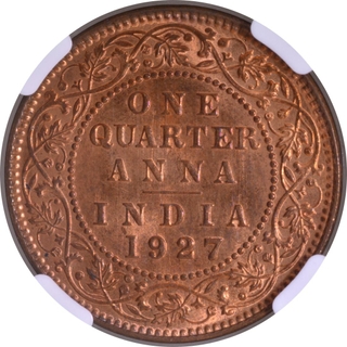 Very Scarce NGC MS 65 RD Graded Bronze One Quarter Anna Coin of King George V of Calcutta Mint of 1927.