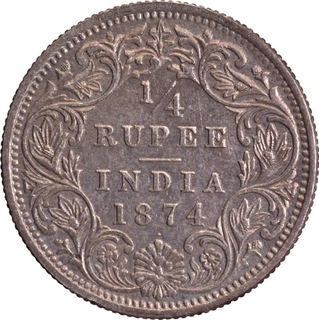 Silver 1874 Quarter Rupee Coin of Bombay Mint of Victoria Queen.