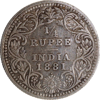 Rare Silver Quarter Rupee Coin of Victoria Empress of Bombay Mint of 1881.