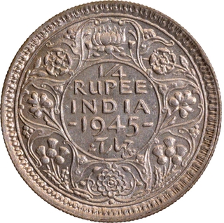 Scarce Type of Large Five of 1945 of Bombay Mint of Silver Quarter Rupee Coin of King George VI.